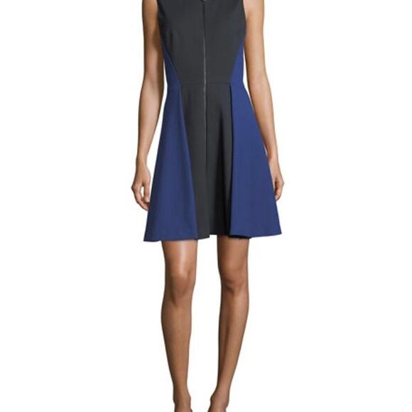 ELIE TAHARI Blue & Black Embline Colbalt Sleeves Zip Front Mini Dress Size 0 - Picture 1 of 11
